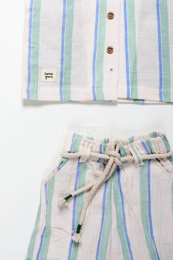 The Nesavu Boys Casual Set Toddler Boys Muslin Stripe Set for Relaxed Dressing and Outings Nesavu Nesavu toddler boys striped muslin cotton outfit summer play casual events relaxed wear