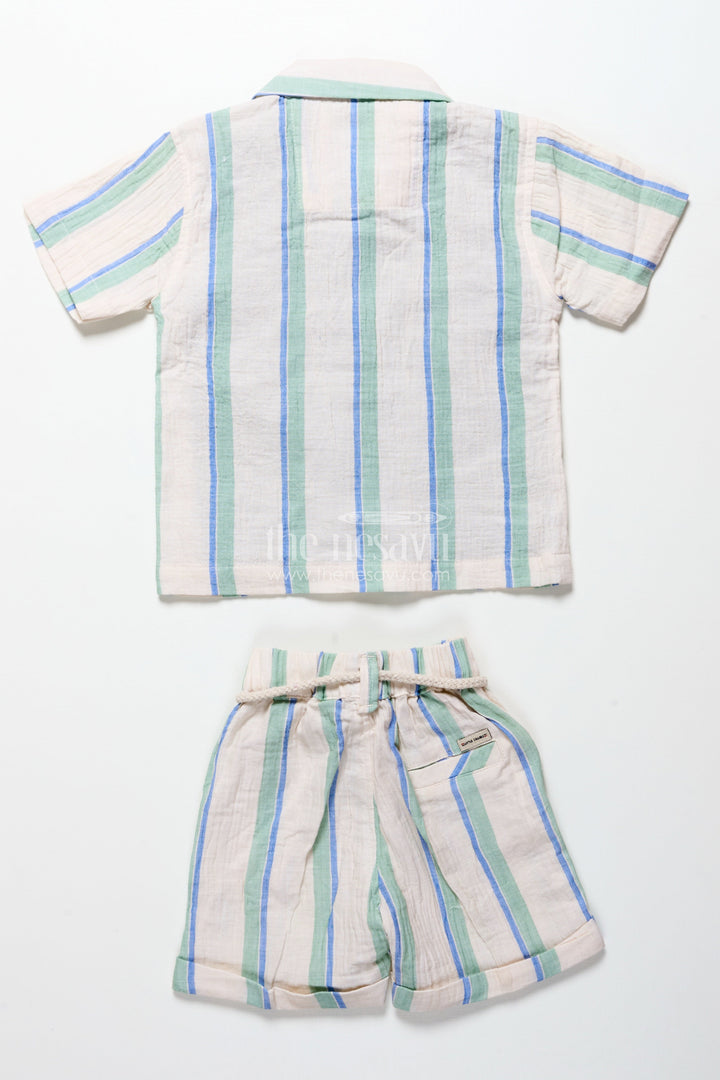 The Nesavu Boys Casual Set Toddler Boys Muslin Stripe Set for Relaxed Dressing and Outings Nesavu Nesavu toddler boys striped muslin cotton outfit summer play casual events relaxed wear