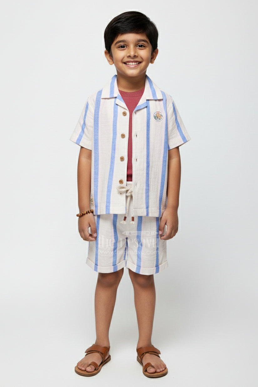 The Nesavu Boys Casual Set Toddler Boys Muslin Striped Cotton Set for Summer and Everyday Dressing Nesavu 16 (1Y) / Blue BCS427A-16 Nesavu toddler boys striped muslin cotton set everyday summer comfort casual wear