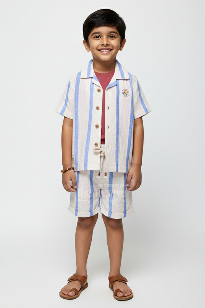 The Nesavu Boys Casual Set Toddler Boys Muslin Striped Cotton Set for Summer and Everyday Dressing Nesavu 16 (1Y) / Blue BCS427A-16 Nesavu toddler boys striped muslin cotton set everyday summer comfort casual wear