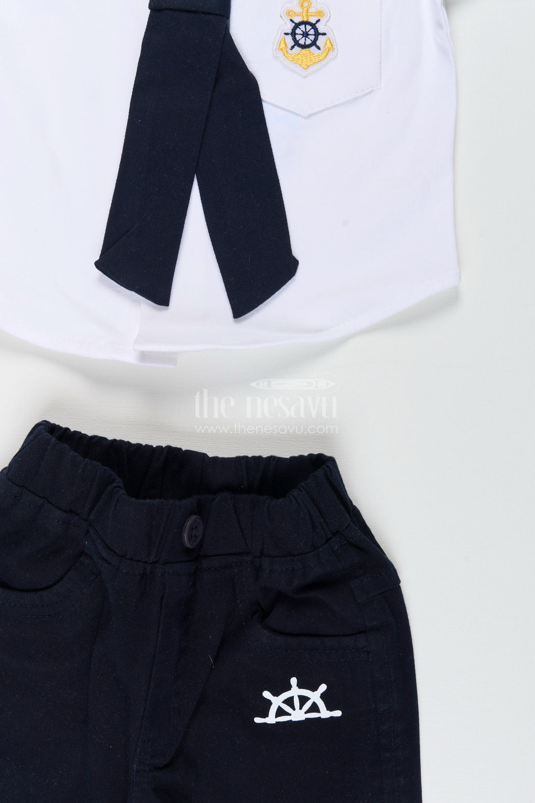 The Nesavu Boys Casual Set Toddler Boys Nautical Knitted Cotton Shirt and Shorts Set with Cap Nesavu Nesavu toddler boys nautical knitted cotton shirt, shorts, and cap summer set