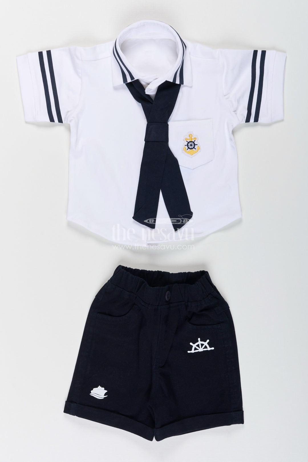 The Nesavu Boys Casual Set Toddler Boys Nautical Knitted Cotton Shirt and Shorts Set with Cap Nesavu Nesavu toddler boys nautical knitted cotton shirt, shorts, and cap summer set