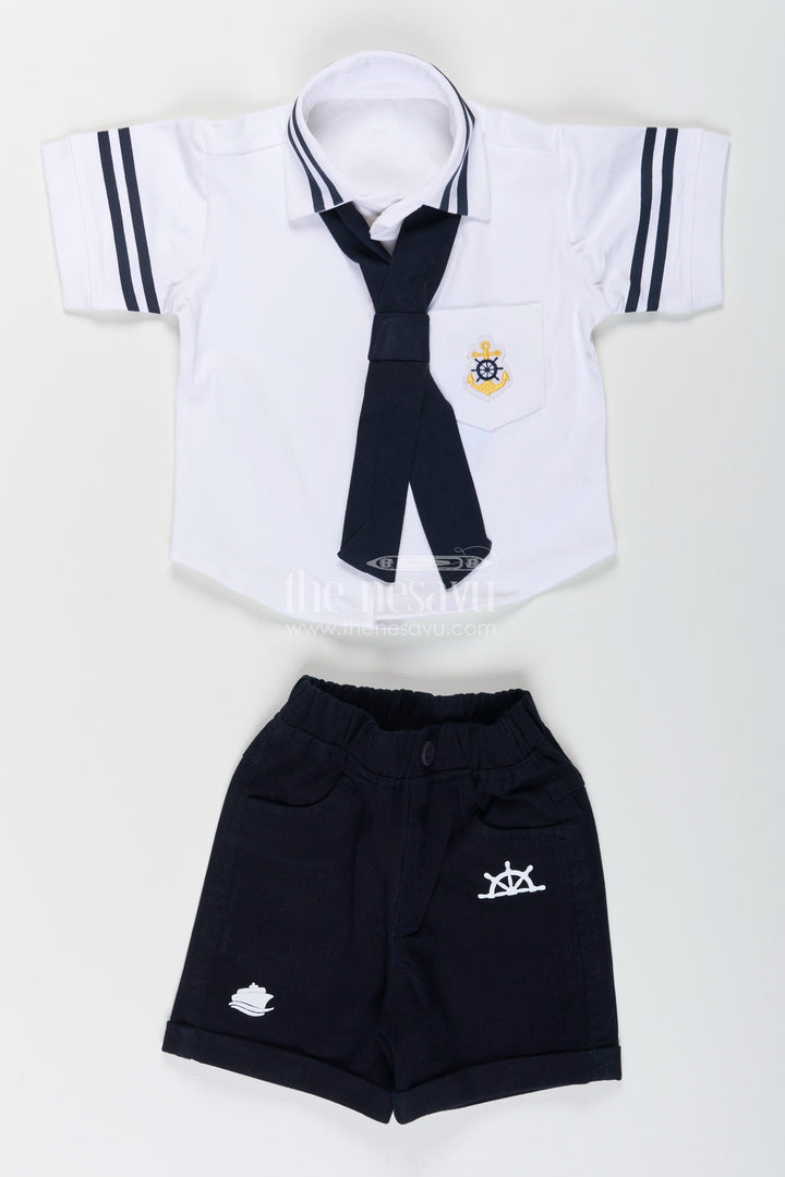 The Nesavu Boys Casual Set Toddler Boys Nautical Knitted Cotton Shirt and Shorts Set with Cap Nesavu Nesavu toddler boys nautical knitted cotton shirt, shorts, and cap summer set