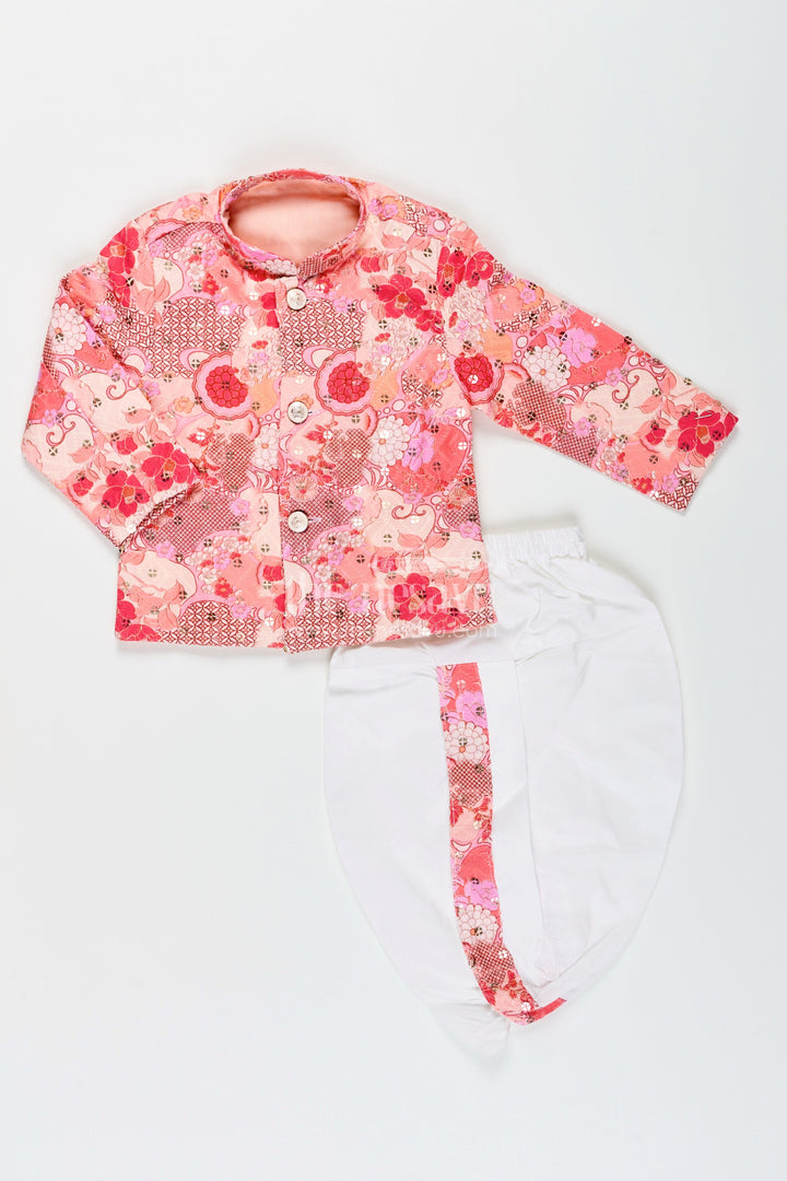 The Nesavu Boys Dothi Set Toddler Boys Pastel Printed Cotton Blend Dothi Set for Festive Celebrations Nesavu 12 (3M) / Pink BES874B-12 Nesavu toddler boys pastel printed cotton blend dothi set embroidered jacket Diwali