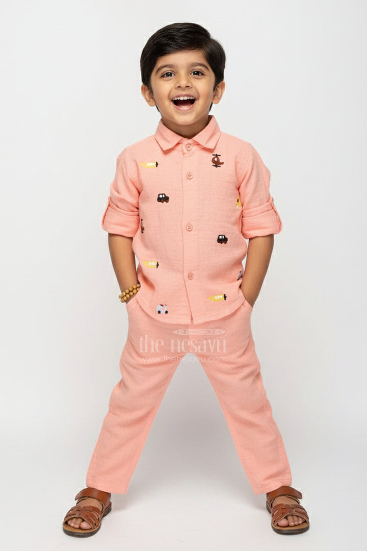 The Nesavu Boys Casual Set Toddler Boys Peach Muslin Cotton Shirt and Pants Set with Embroidery Nesavu 14 (6M) / Peach BCS389A-14 Nesavu toddler boys muslin cotton shirt and pants set with vehicle embroidery