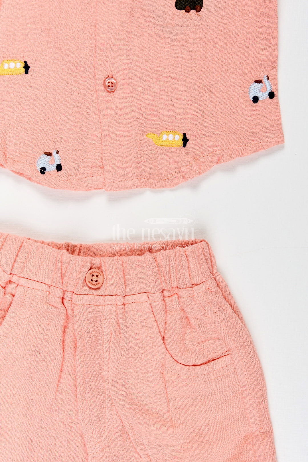 The Nesavu Boys Casual Set Toddler Boys Peach Muslin Cotton Shirt and Pants Set with Embroidery Nesavu Nesavu toddler boys muslin cotton shirt and pants set with vehicle embroidery