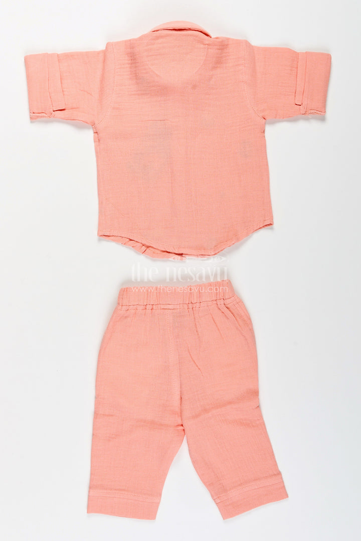 The Nesavu Boys Casual Set Toddler Boys Peach Muslin Cotton Shirt and Pants Set with Embroidery Nesavu Nesavu toddler boys muslin cotton shirt and pants set with vehicle embroidery