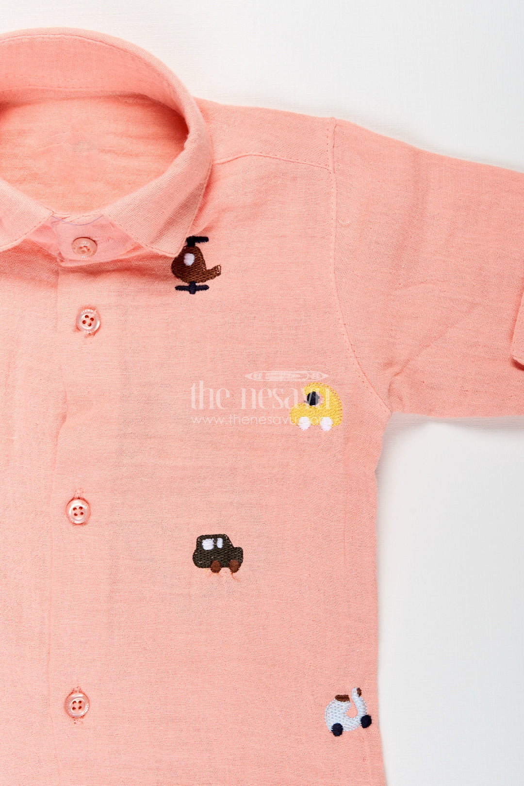 The Nesavu Boys Casual Set Toddler Boys Peach Muslin Cotton Shirt and Pants Set with Embroidery Nesavu Nesavu toddler boys muslin cotton shirt and pants set with vehicle embroidery
