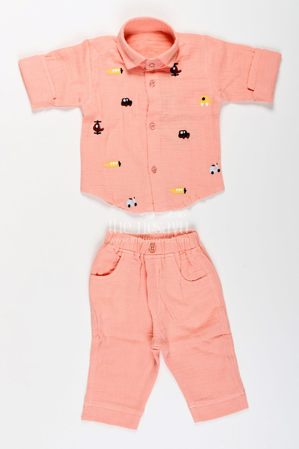 The Nesavu Boys Casual Set Toddler Boys Peach Muslin Cotton Shirt and Pants Set with Embroidery Nesavu Nesavu toddler boys muslin cotton shirt and pants set with vehicle embroidery