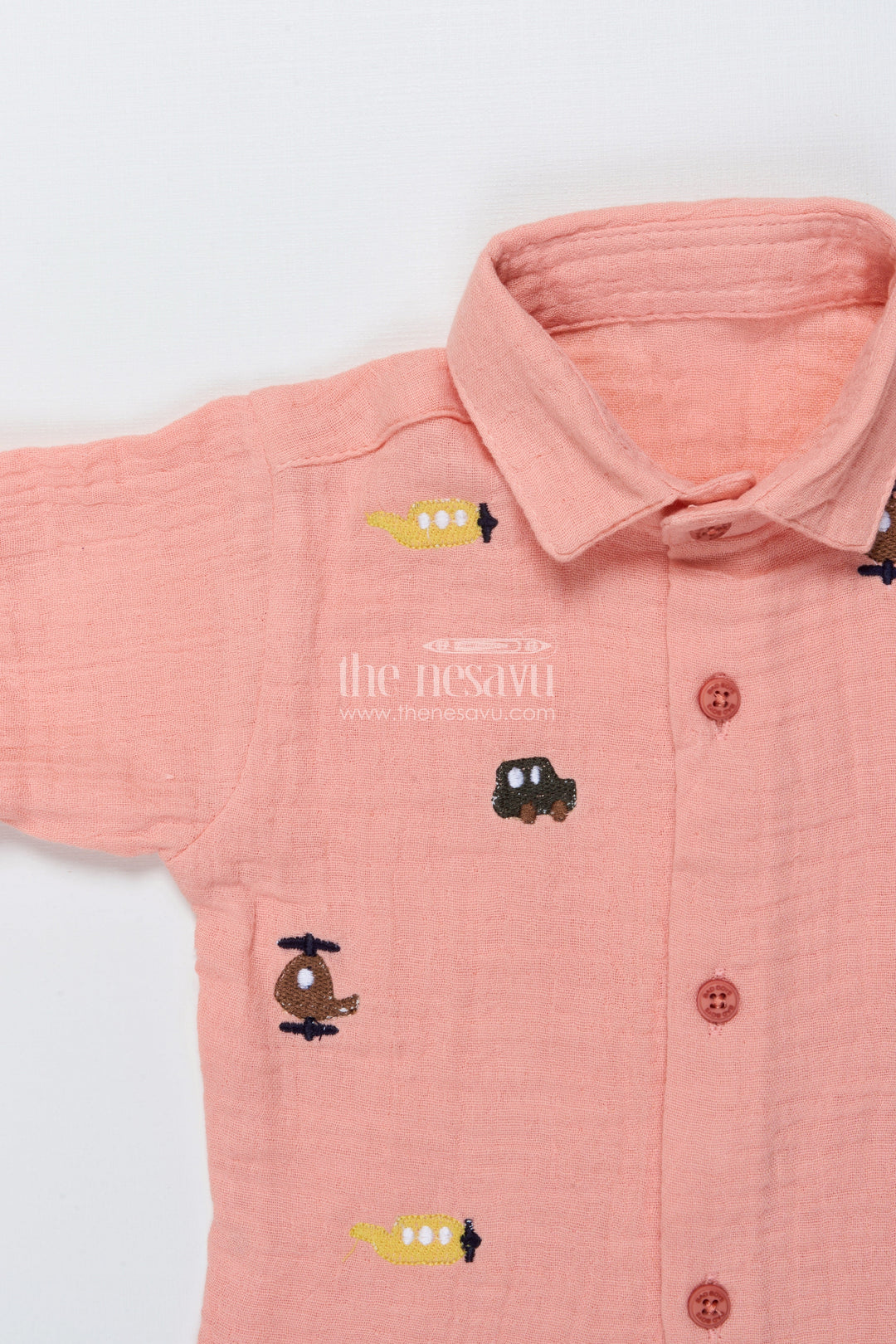 The Nesavu Boys Casual Set Toddler Boys Peach Muslin Cotton Shirt and Pants Set with Embroidery Nesavu Nesavu toddler boys muslin cotton shirt and pants set with vehicle embroidery