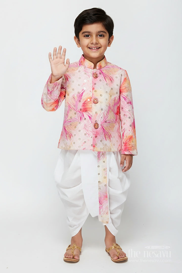 The Nesavu Boys Dothi Set Toddler Boys Pink Printed Cotton Blend Dothi Set for Festive Occasions Nesavu 12 (3M) / Pink BES872A-12 Nesavu toddler boys printed cotton blend dothi set embroidered jacket festivals