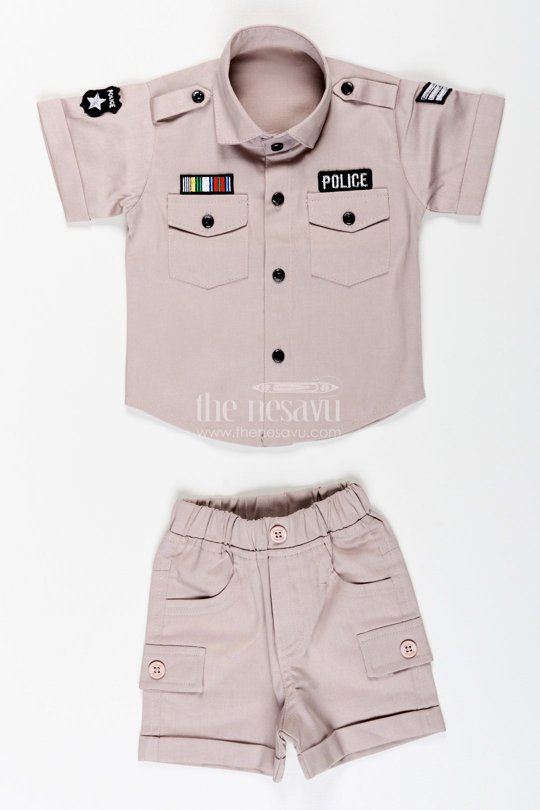 The Nesavu Boys Casual Set Toddler Boys Police Uniform Cotton Shirt and Shorts Set with Cap Nesavu Nesavu toddler boys cotton police uniform style shirt, shorts, and cap set