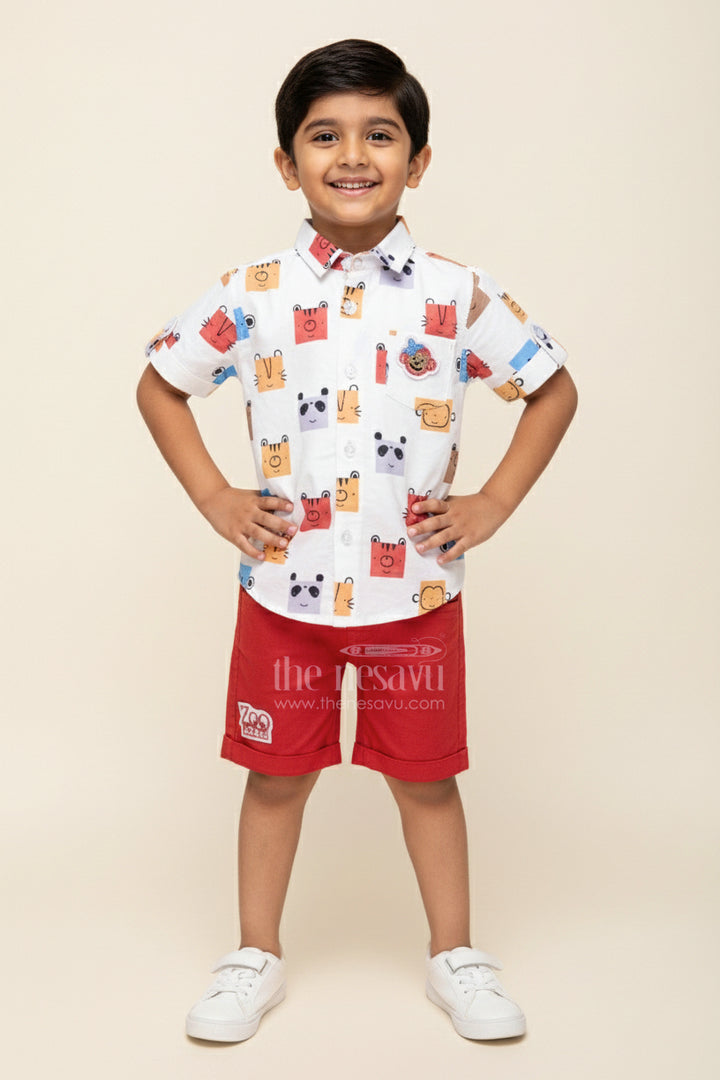 The Nesavu Boys Casual Set Toddler Boys Printed Cotton Shirt and Red Shorts Set Nesavu 14 (6M) / Red BCS385A-14 Nesavu toddler boys cotton printed shirt and red shorts casual set