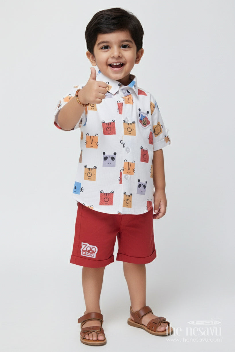 The Nesavu Boys Casual Set Toddler Boys Printed Cotton Shirt and Red Shorts Set Nesavu 14 (6M) / Red BCS385A-14 Nesavu toddler boys cotton printed shirt and red shorts casual set
