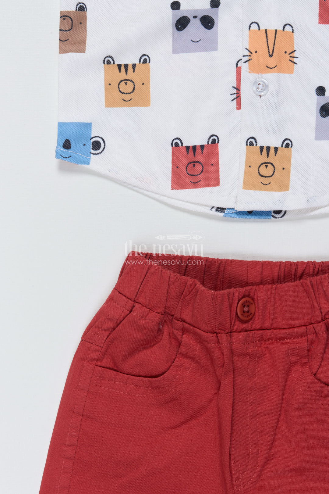 The Nesavu Boys Casual Set Toddler Boys Printed Cotton Shirt and Red Shorts Set Nesavu Nesavu toddler boys cotton printed shirt and red shorts casual set