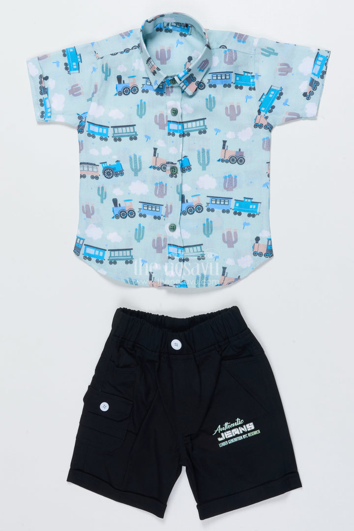 The Nesavu Boys Casual Set Toddler Boys Printed Shirt and Shorts Set for Playdates and Outings Nesavu 14 (6M) / Green BCS499A-14 Nesavu toddler boys casual cotton set digital print outings playful comfort