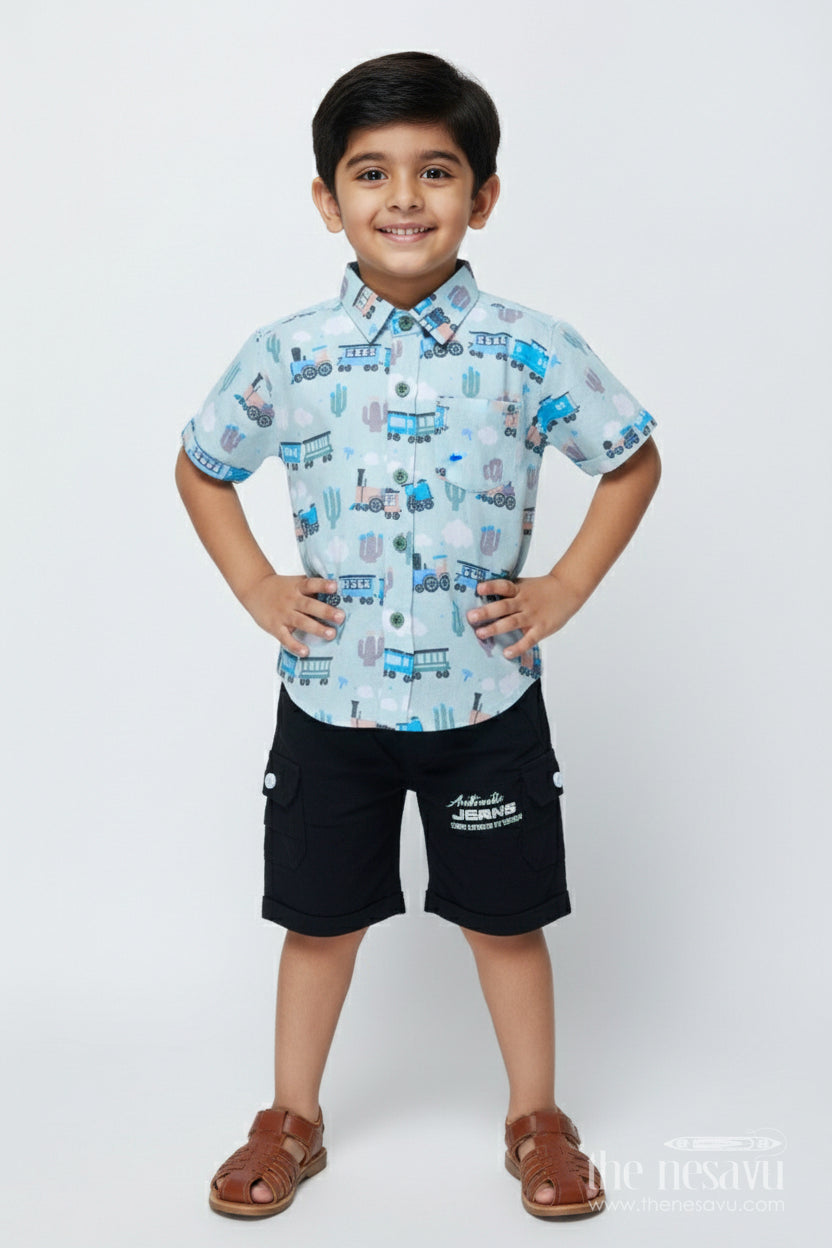 The Nesavu Boys Casual Set Toddler Boys Printed Shirt and Shorts Set for Playdates and Outings Nesavu 14 (6M) / Green BCS499A-14 Nesavu toddler boys casual cotton set digital print outings playful comfort
