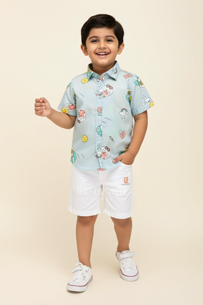 The Nesavu Boys Casual Set Toddler Boys Printed Shirt, T-Shirt, and Shorts Three-Piece Cotton Set Nesavu 16 (1Y) / Green BCS377A-16 Nesavu toddler boys three-piece cotton set with printed shirt, T-shirt, and shorts