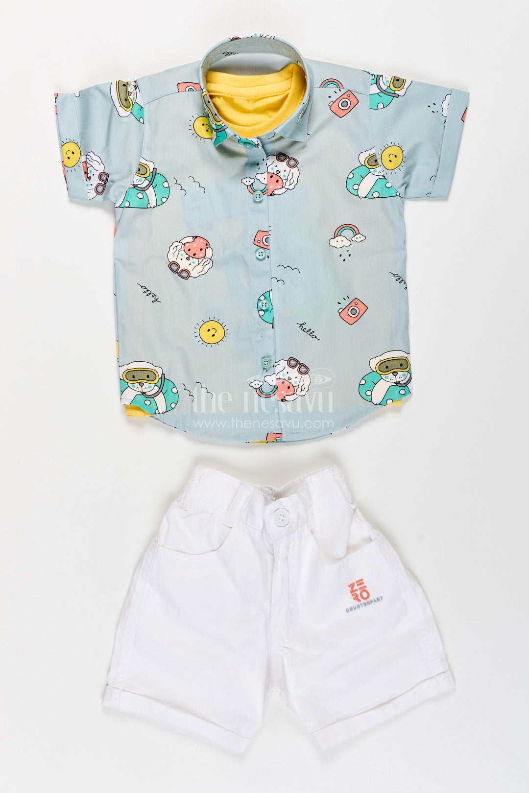 The Nesavu Boys Casual Set Toddler Boys Printed Shirt, T-Shirt, and Shorts Three-Piece Cotton Set Nesavu Nesavu toddler boys three-piece cotton set with printed shirt, T-shirt, and shorts