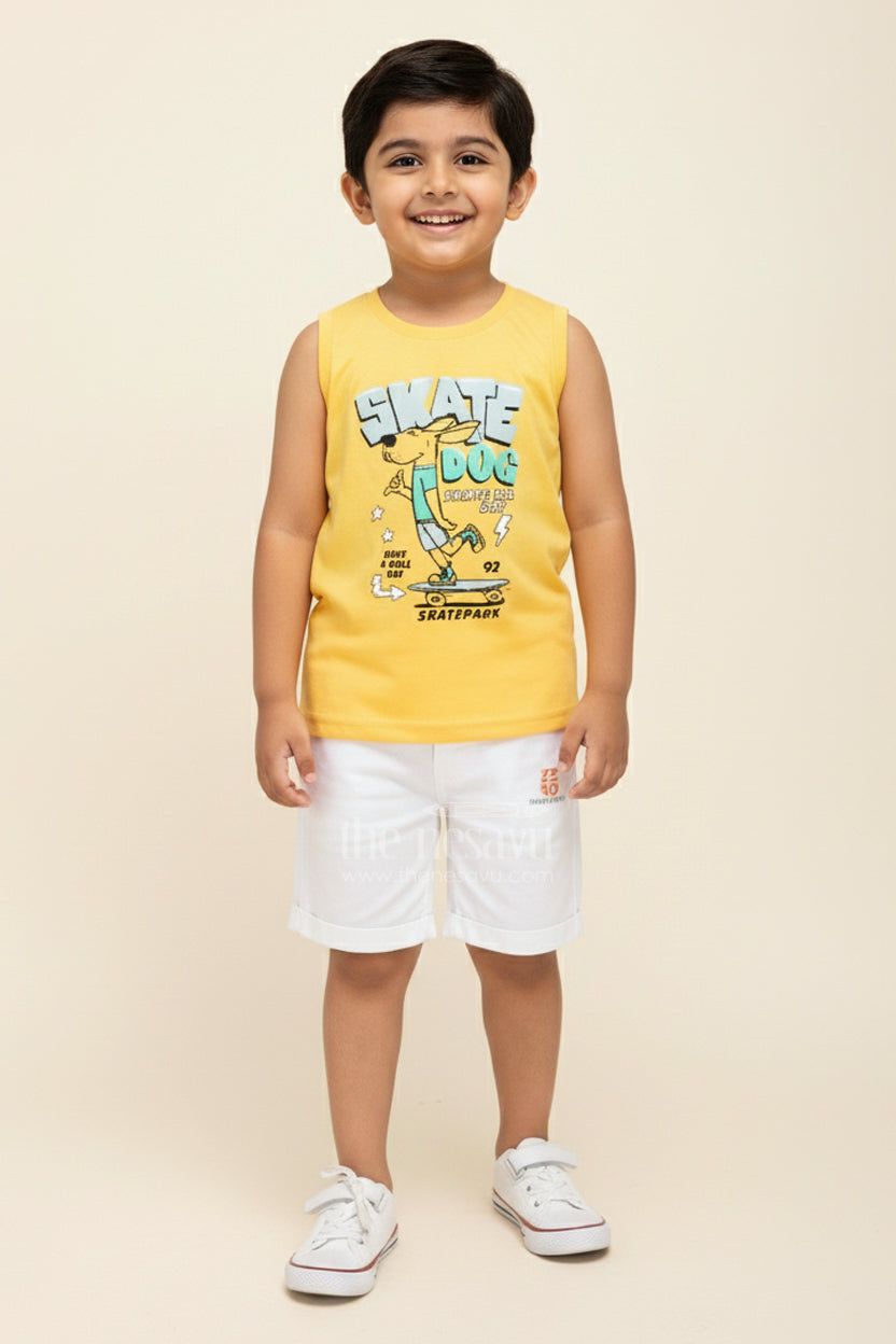 The Nesavu Boys Casual Set Toddler Boys Printed Shirt, T-Shirt, and Shorts Three-Piece Cotton Set Nesavu Nesavu toddler boys three-piece cotton set with printed shirt, T-shirt, and shorts