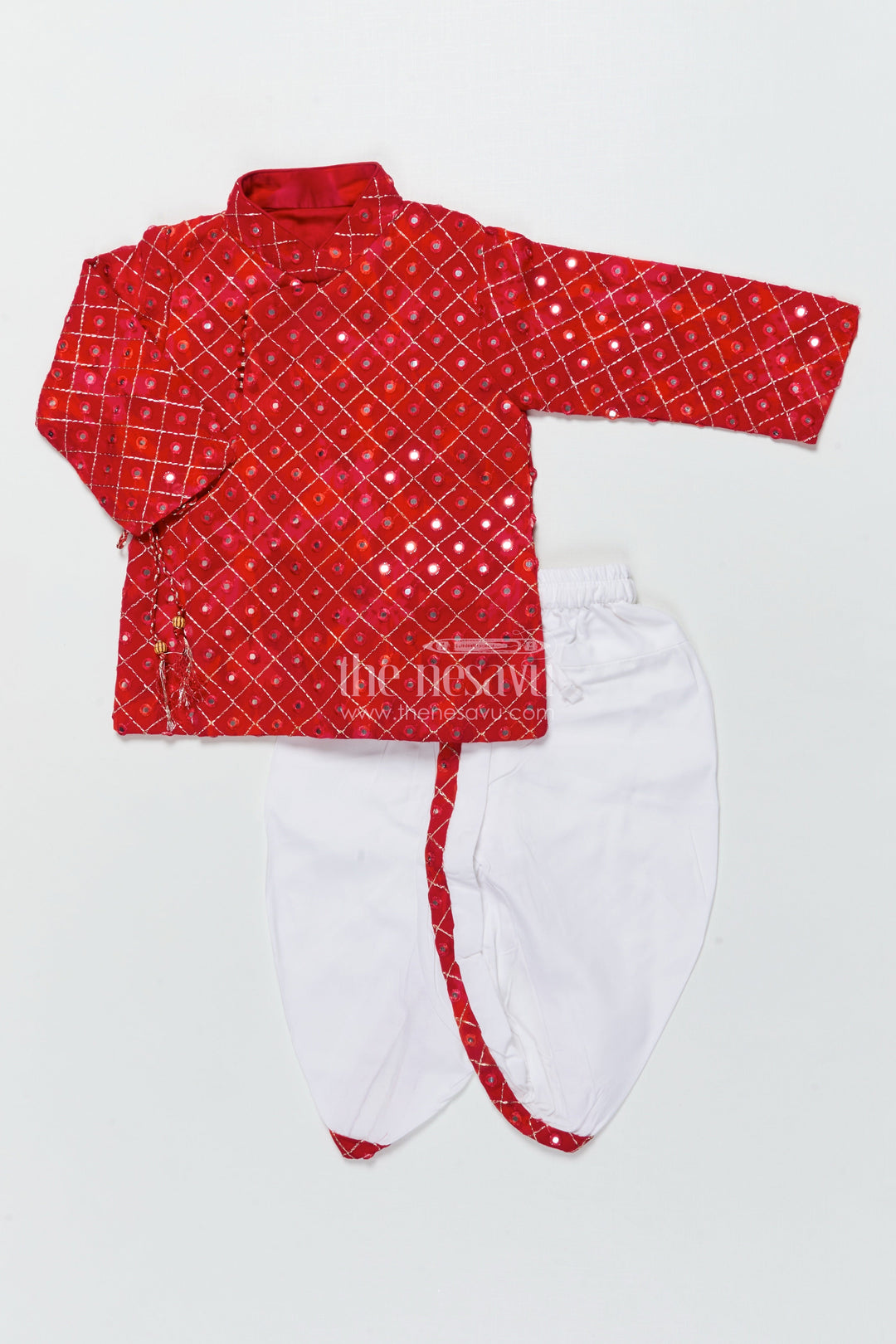 The Nesavu Boys Dothi Set Toddler Boys Red Dothi Kurta Set for Traditional Occasions Nesavu Nesavu red embroidered boys dothi kurta set weddings traditional festivals