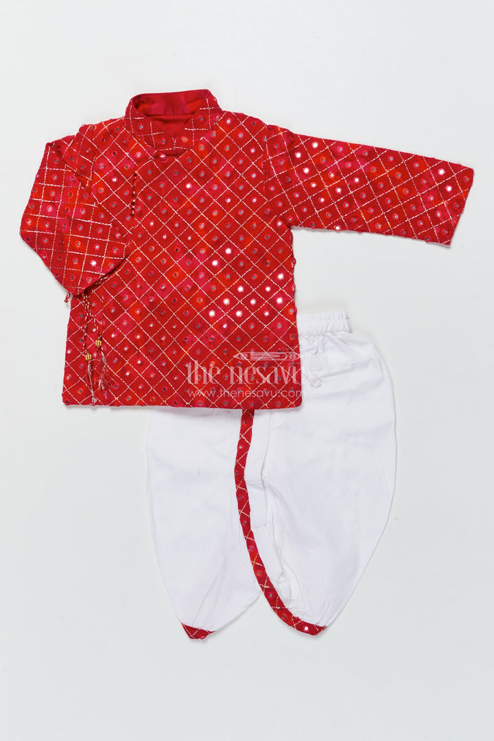 The Nesavu Boys Dothi Set Toddler Boys Red Dothi Kurta Set for Traditional Occasions Nesavu Nesavu red embroidered boys dothi kurta set weddings traditional festivals