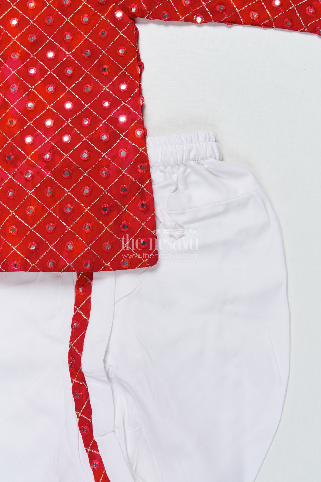 The Nesavu Boys Dothi Set Toddler Boys Red Dothi Kurta Set for Traditional Occasions Nesavu Nesavu red embroidered boys dothi kurta set weddings traditional festivals