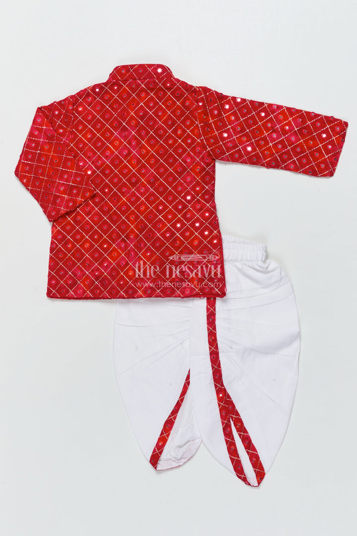 The Nesavu Boys Dothi Set Toddler Boys Red Dothi Kurta Set for Traditional Occasions Nesavu Nesavu red embroidered boys dothi kurta set weddings traditional festivals
