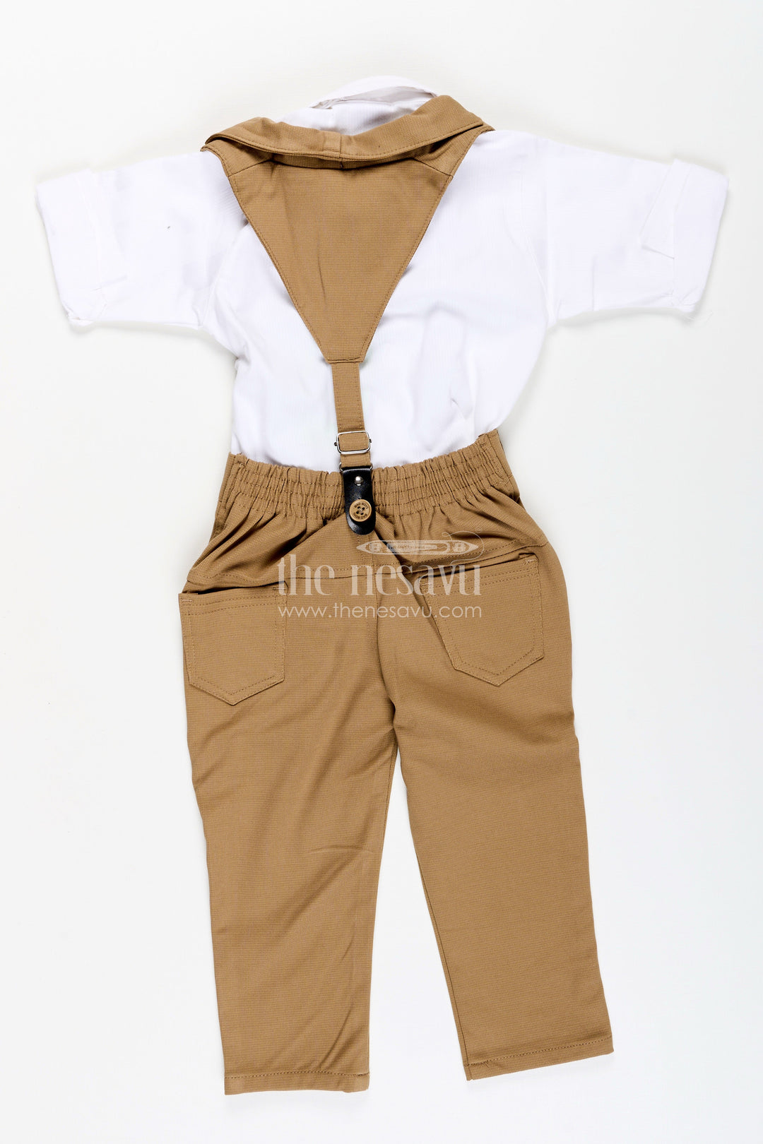 The Nesavu Boys Casual Set Toddler Boys Satin Shirt and Pants Set with Bow Tie and Suspenders Nesavu Nesavu toddler boys satin shirt with bow tie, suspenders, and khaki pants set