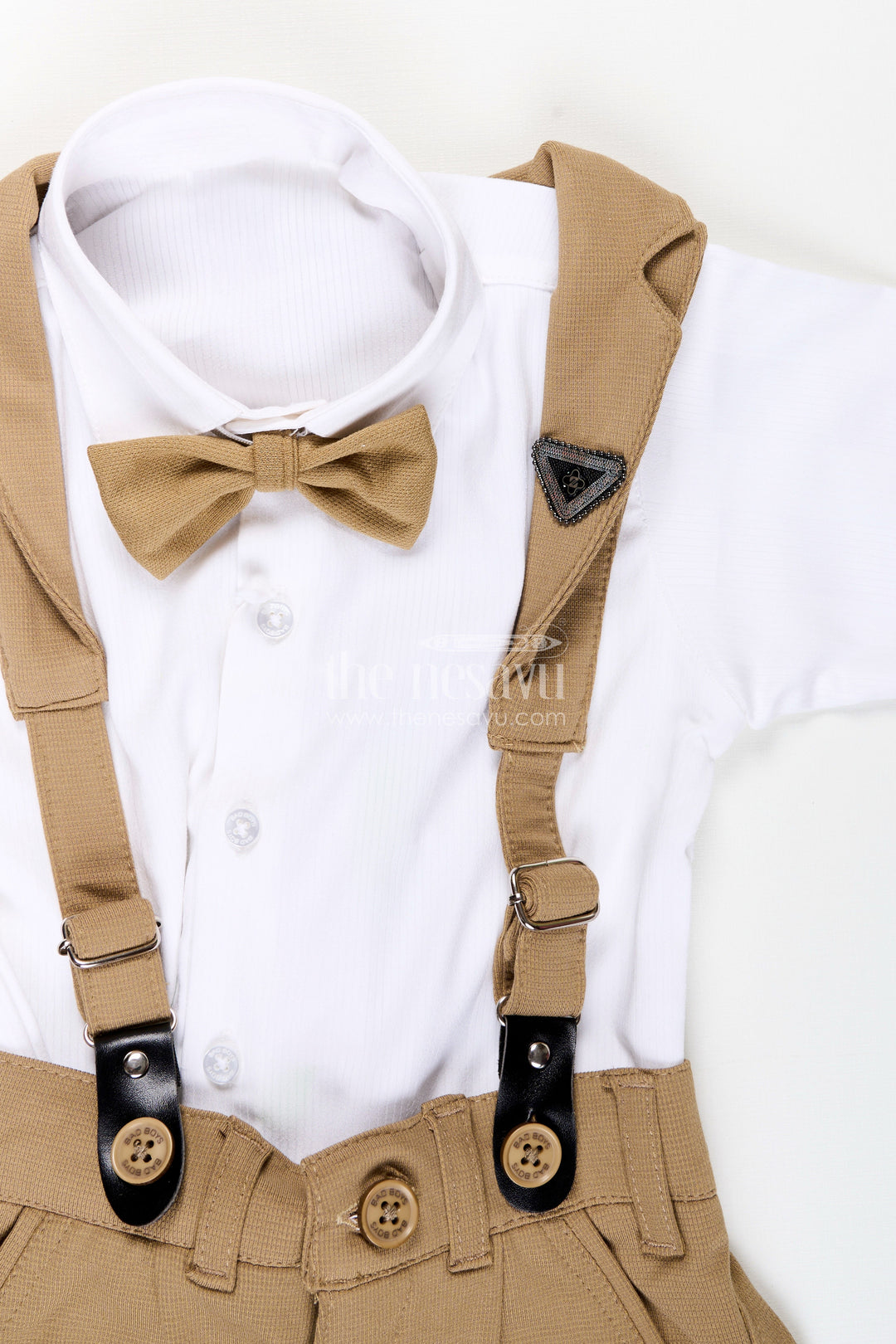 The Nesavu Boys Casual Set Toddler Boys Satin Shirt and Pants Set with Bow Tie and Suspenders Nesavu Nesavu toddler boys satin shirt with bow tie, suspenders, and khaki pants set