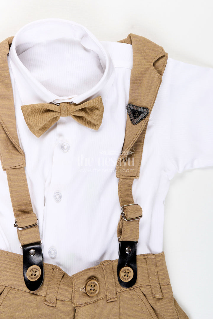 The Nesavu Boys Casual Set Toddler Boys Satin Shirt and Pants Set with Bow Tie and Suspenders Nesavu Nesavu toddler boys satin shirt with bow tie, suspenders, and khaki pants set