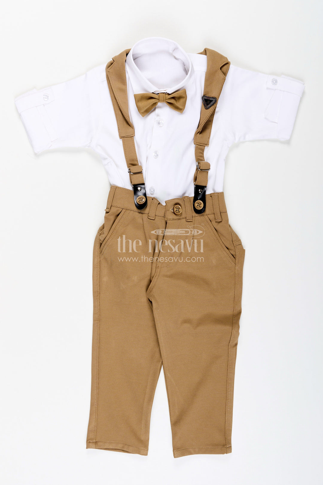 The Nesavu Boys Casual Set Toddler Boys Satin Shirt and Pants Set with Bow Tie and Suspenders Nesavu Nesavu toddler boys satin shirt with bow tie, suspenders, and khaki pants set