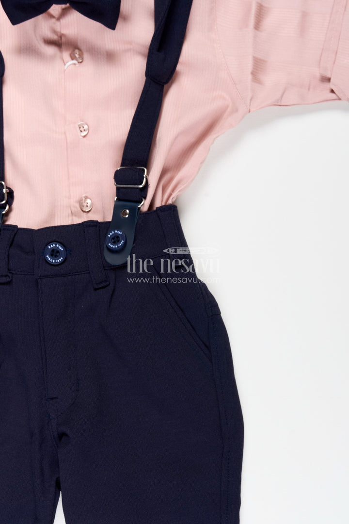 The Nesavu Boys Casual Set Toddler Boys Satin Shirt and Pants Set with Bow Tie and Suspenders Nesavu Nesavu toddler boys satin shirt with bow tie, suspenders, and navy pants set