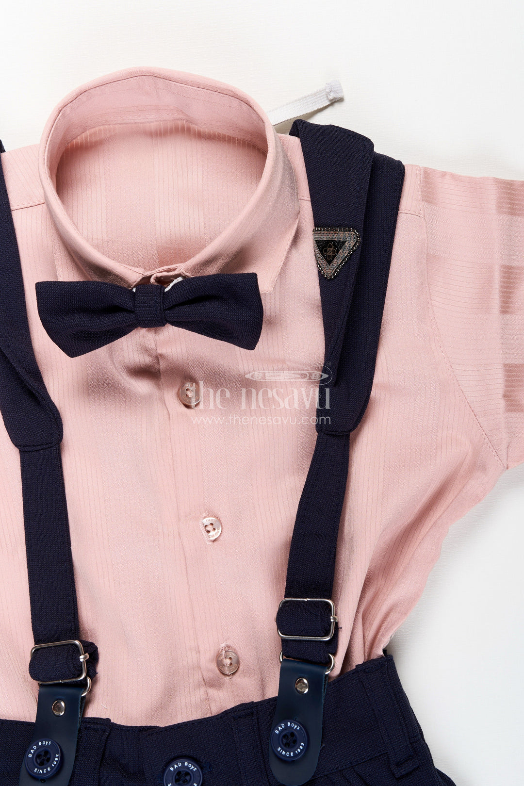 The Nesavu Boys Casual Set Toddler Boys Satin Shirt and Pants Set with Bow Tie and Suspenders Nesavu Nesavu toddler boys satin shirt with bow tie, suspenders, and navy pants set