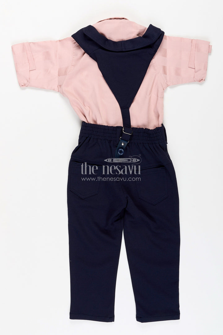 The Nesavu Boys Casual Set Toddler Boys Satin Shirt and Pants Set with Bow Tie and Suspenders Nesavu Nesavu toddler boys satin shirt with bow tie, suspenders, and navy pants set