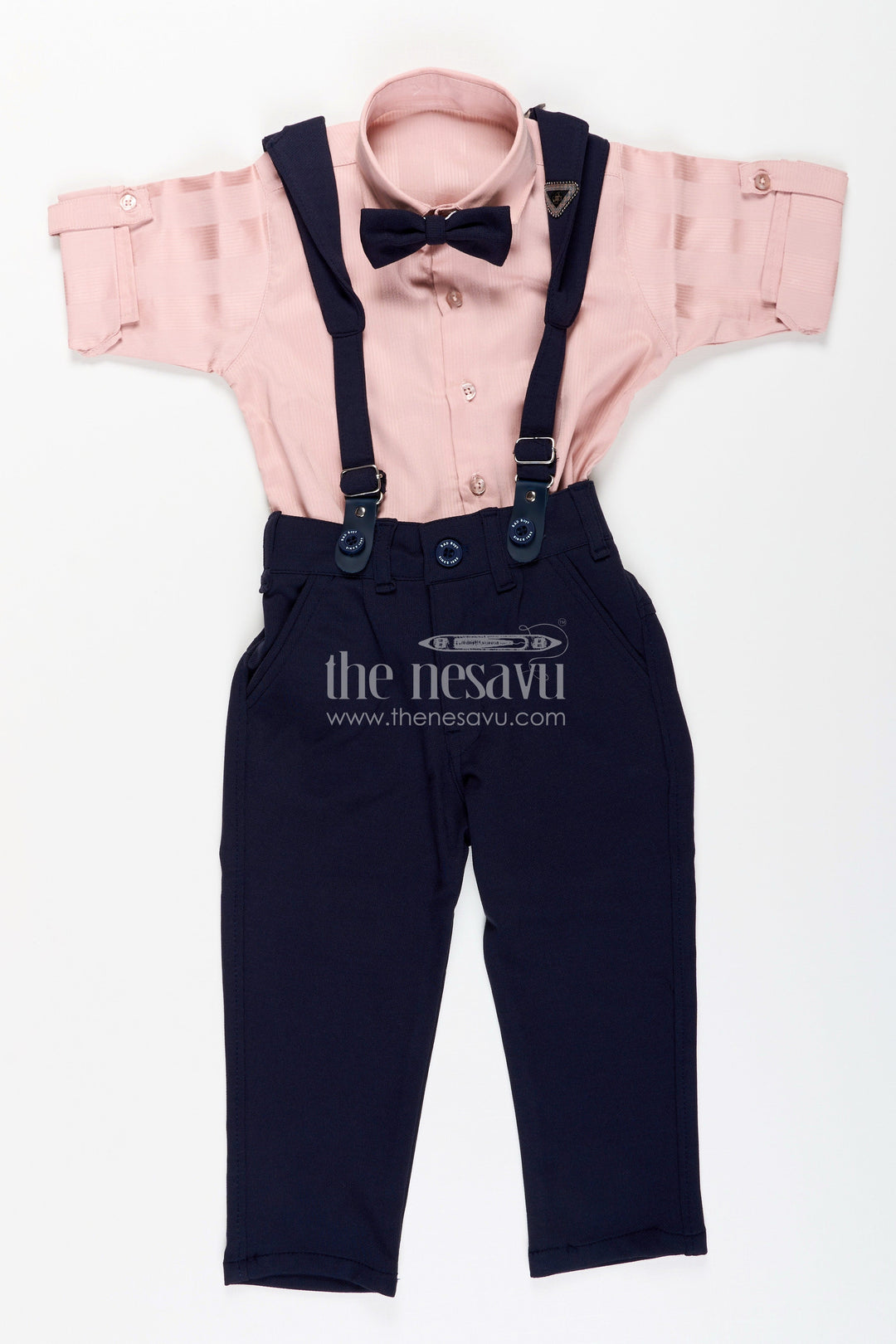 The Nesavu Boys Casual Set Toddler Boys Satin Shirt and Pants Set with Bow Tie and Suspenders Nesavu Nesavu toddler boys satin shirt with bow tie, suspenders, and navy pants set