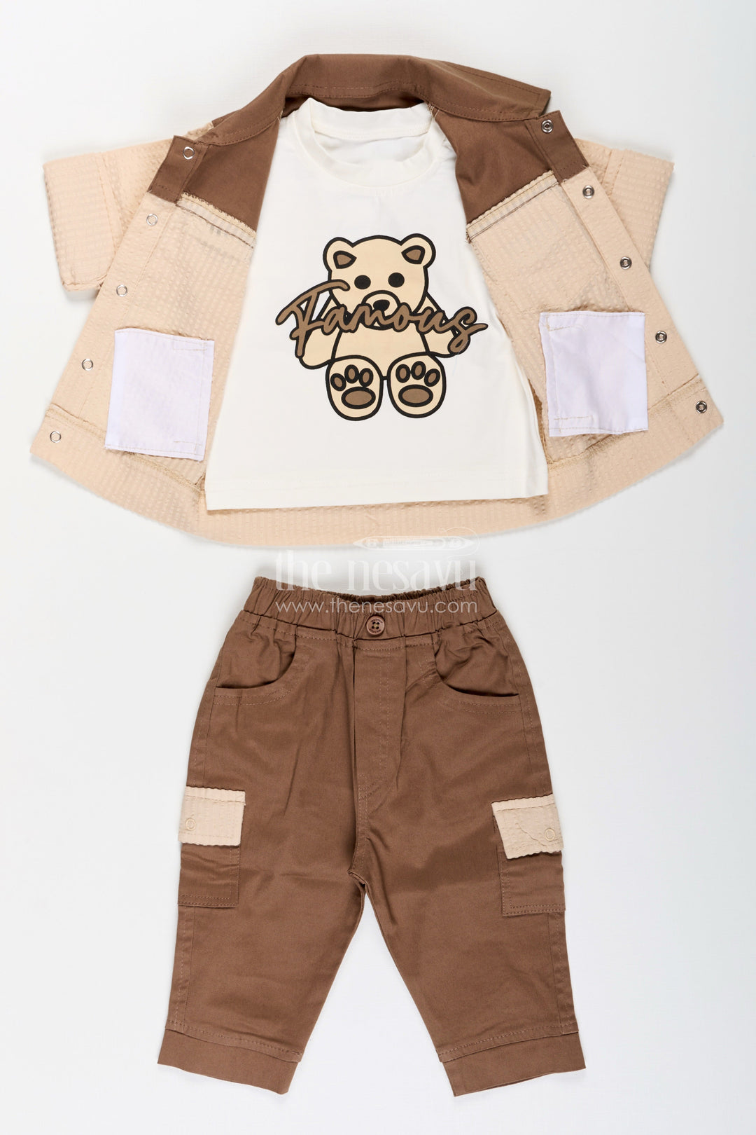 The Nesavu Boys Casual Set Toddler Boys Seersucker Cotton Safari-Style Shirt and Cargo Pants Set Nesavu Nesavu toddler boys seersucker cotton safari shirt, cargo pants, T-shirt and cap set