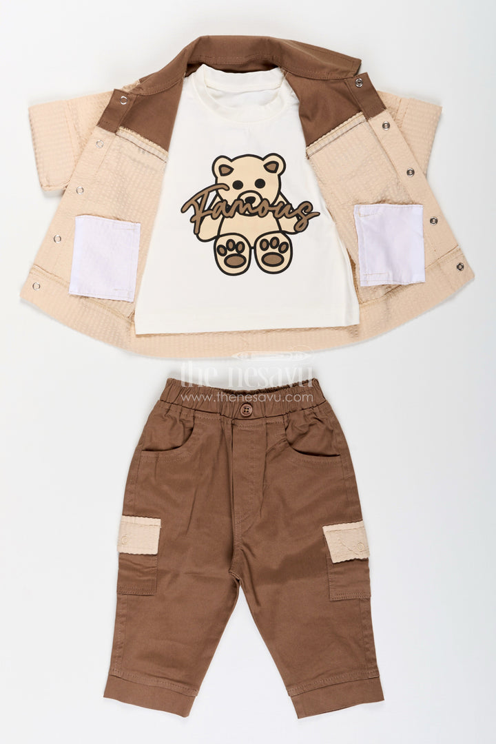 The Nesavu Boys Casual Set Toddler Boys Seersucker Cotton Safari-Style Shirt and Cargo Pants Set Nesavu Nesavu toddler boys seersucker cotton safari shirt, cargo pants, T-shirt and cap set