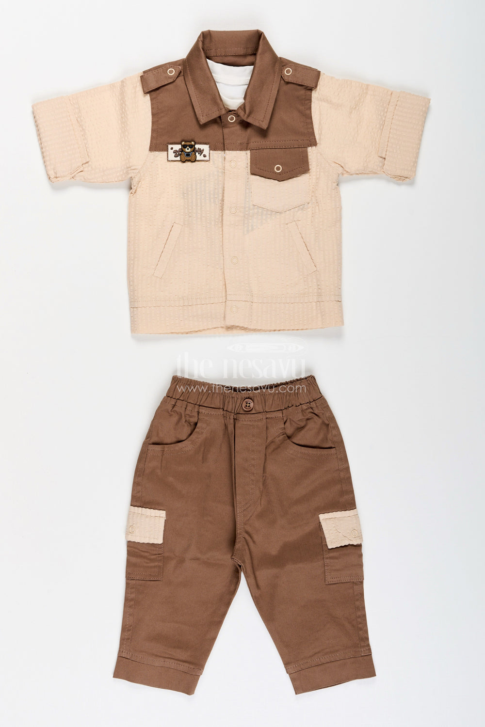 The Nesavu Boys Casual Set Toddler Boys Seersucker Cotton Safari-Style Shirt and Cargo Pants Set Nesavu Nesavu toddler boys seersucker cotton safari shirt, cargo pants, T-shirt and cap set