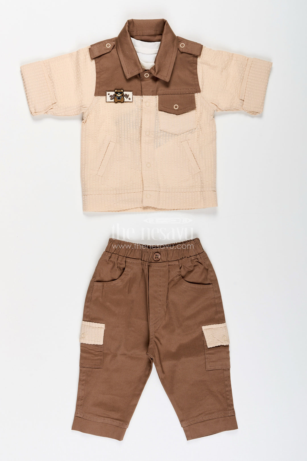 The Nesavu Boys Casual Set Toddler Boys Seersucker Cotton Safari-Style Shirt and Cargo Pants Set Nesavu Nesavu toddler boys seersucker cotton safari shirt, cargo pants, T-shirt and cap set