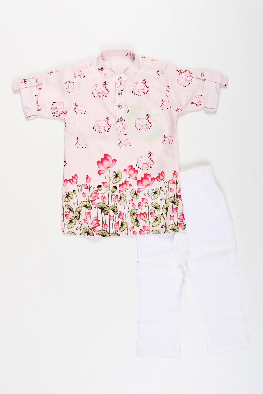 The Nesavu Boys Kurtha Set Toddler Boys Silk Blend Kurta and Pants Set with Digital Print Nesavu Nesavu toddler boys silk blend kurta and pants set with elephant and floral print