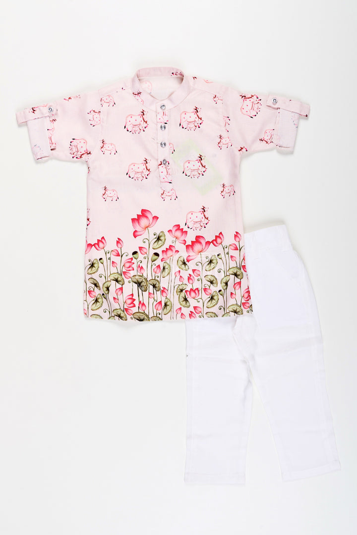 The Nesavu Boys Kurtha Set Toddler Boys Silk Blend Kurta and Pants Set with Digital Print Nesavu Nesavu toddler boys silk blend kurta and pants set with elephant and floral print