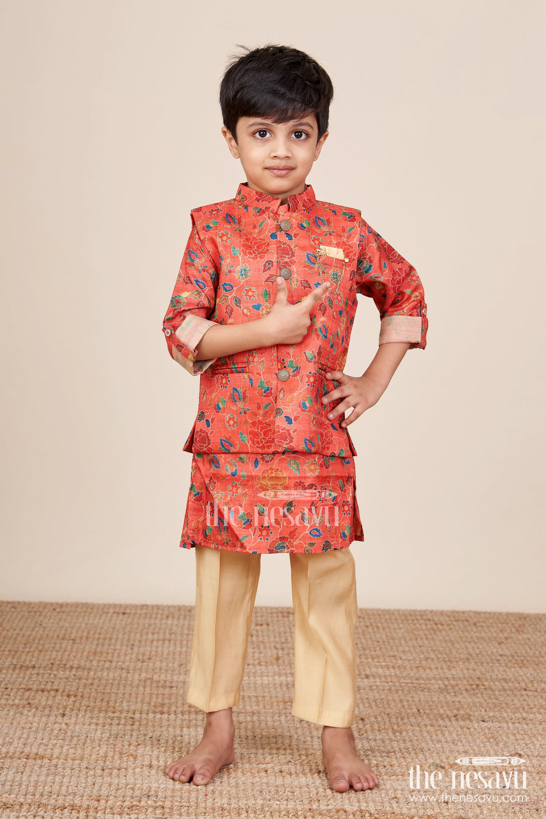 The Nesavu Boys Kurtha Set Toddler Boys Silk Blend Kurta Set for Weddings and Special Occasions Nesavu 16 (1Y) / Orange BES904A-16 Nesavu toddler boys silk blend kurta set weddings ethnic functions traditional family events