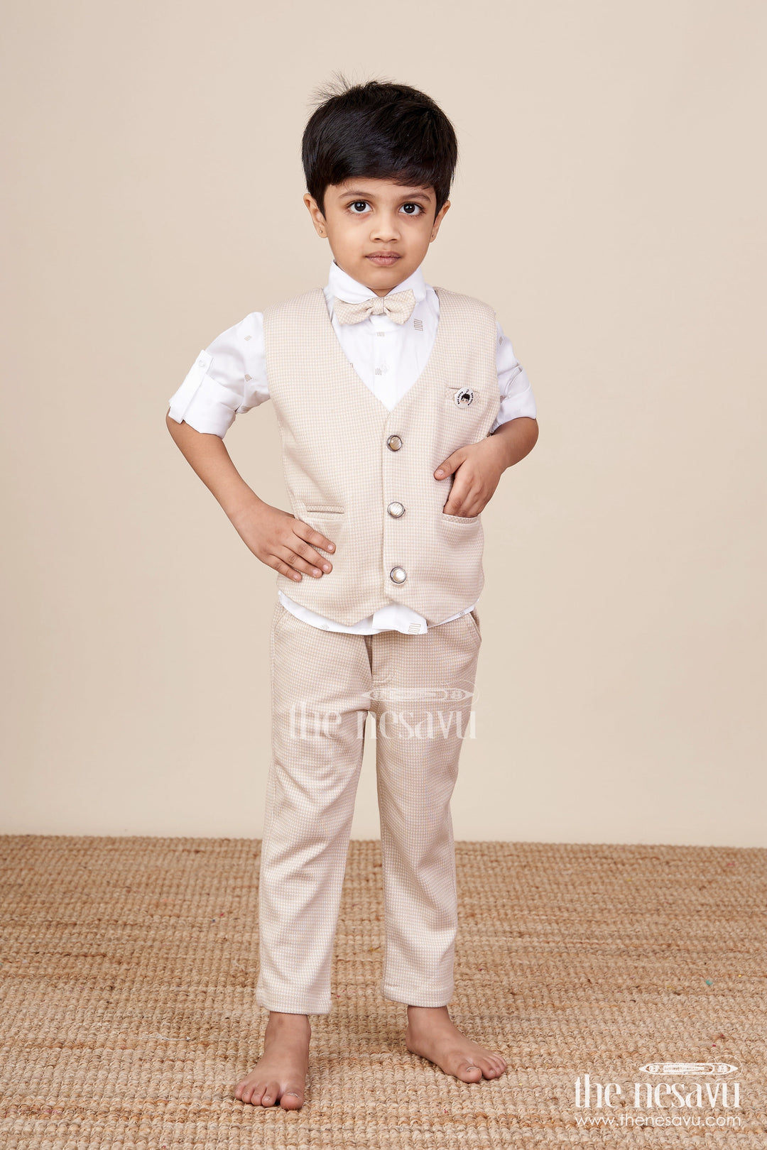 The Nesavu Boys Casual Set Toddler Boys Smart Cotton Outfit Set with Waistcoat and Bow Tie Nesavu 16 (1Y) / Brown BCS435B-16 Nesavu toddler boys party outfit cotton shirt waistcoat bow tie weddings celebrations