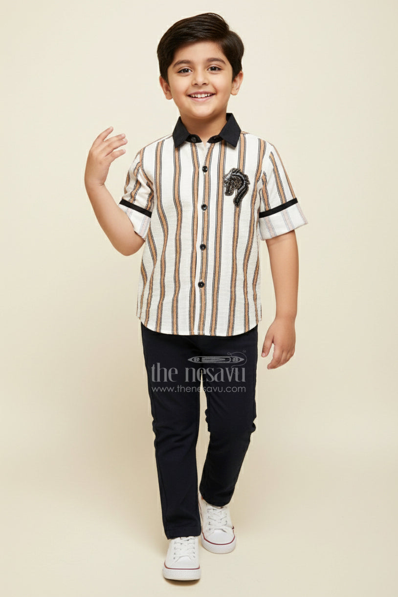 The Nesavu Boys Casual Set Toddler Boys Striped Shirt and Pant Set for Casual Gatherings Nesavu 16 (1Y) / Brown BCS420A-16 Nesavu toddler boys striped cotton set patch embellishment casual events outings
