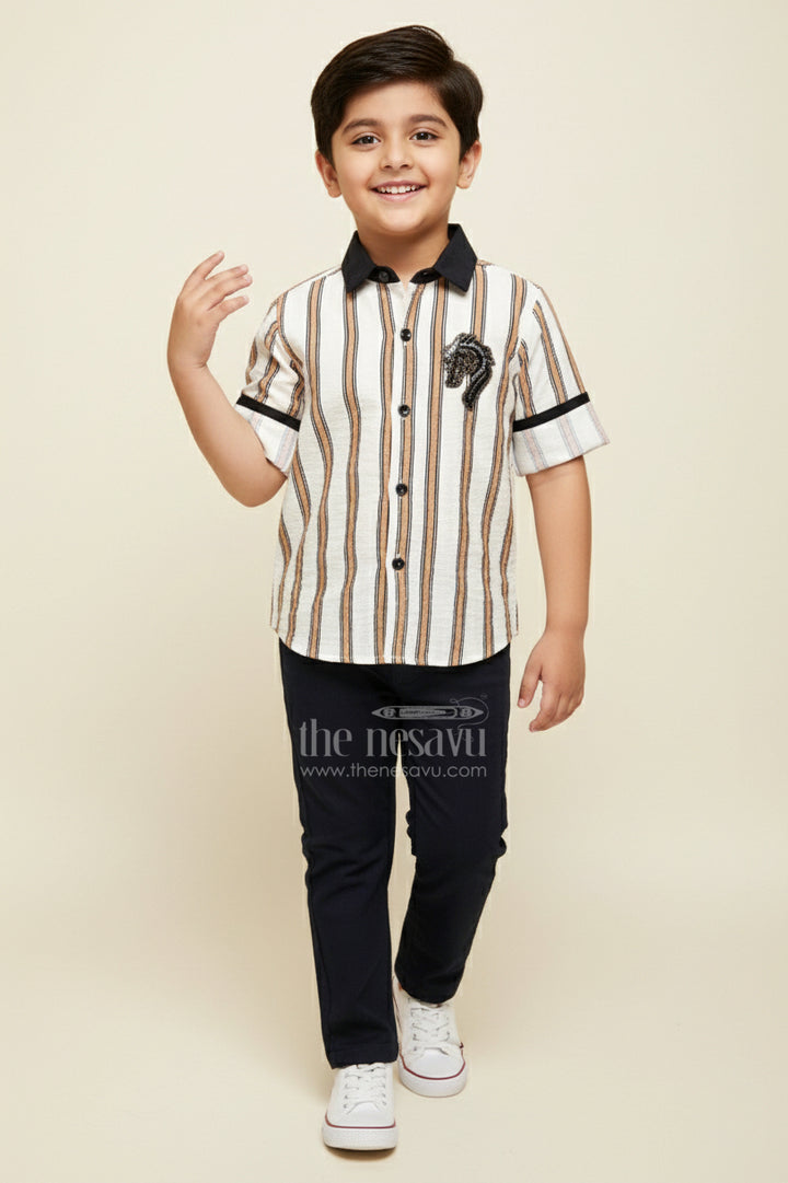 The Nesavu Boys Casual Set Toddler Boys Striped Shirt and Pant Set for Casual Gatherings Nesavu 16 (1Y) / Brown BCS420A-16 Nesavu toddler boys striped cotton set patch embellishment casual events outings