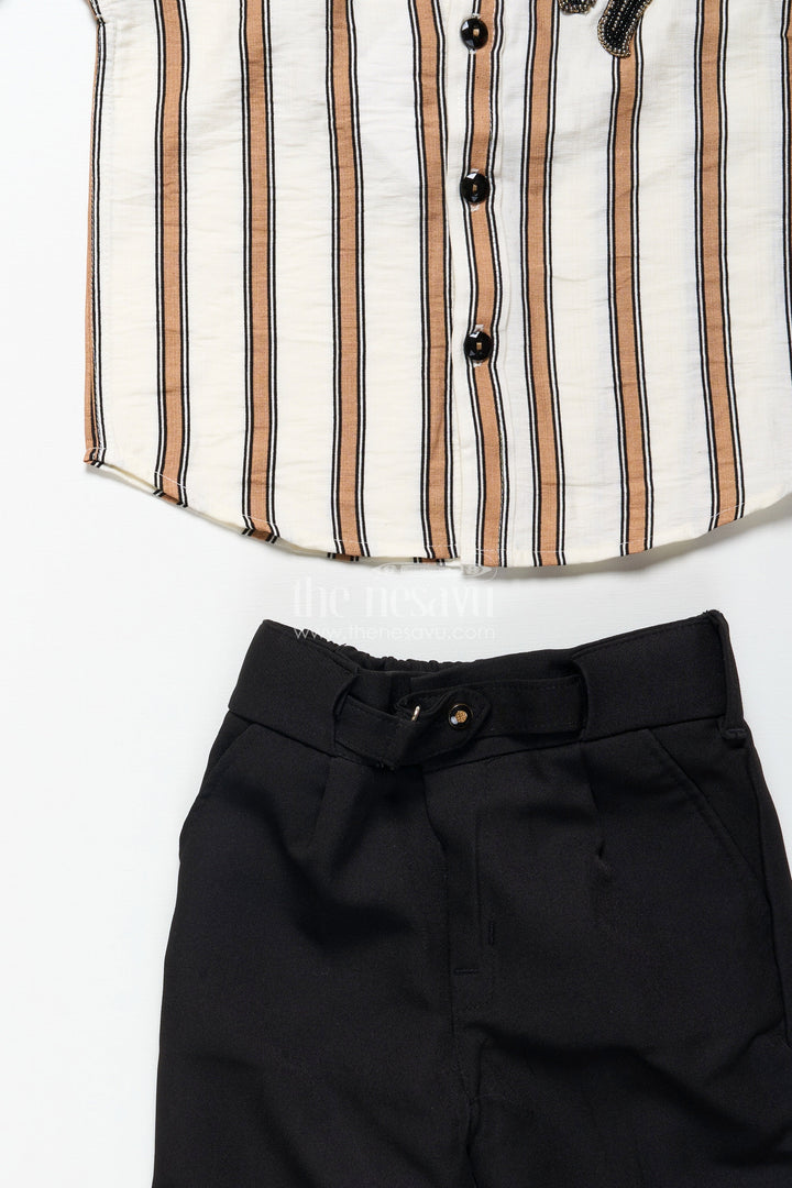 The Nesavu Boys Casual Set Toddler Boys Striped Shirt and Pant Set for Casual Gatherings Nesavu Nesavu toddler boys striped cotton set patch embellishment casual events outings