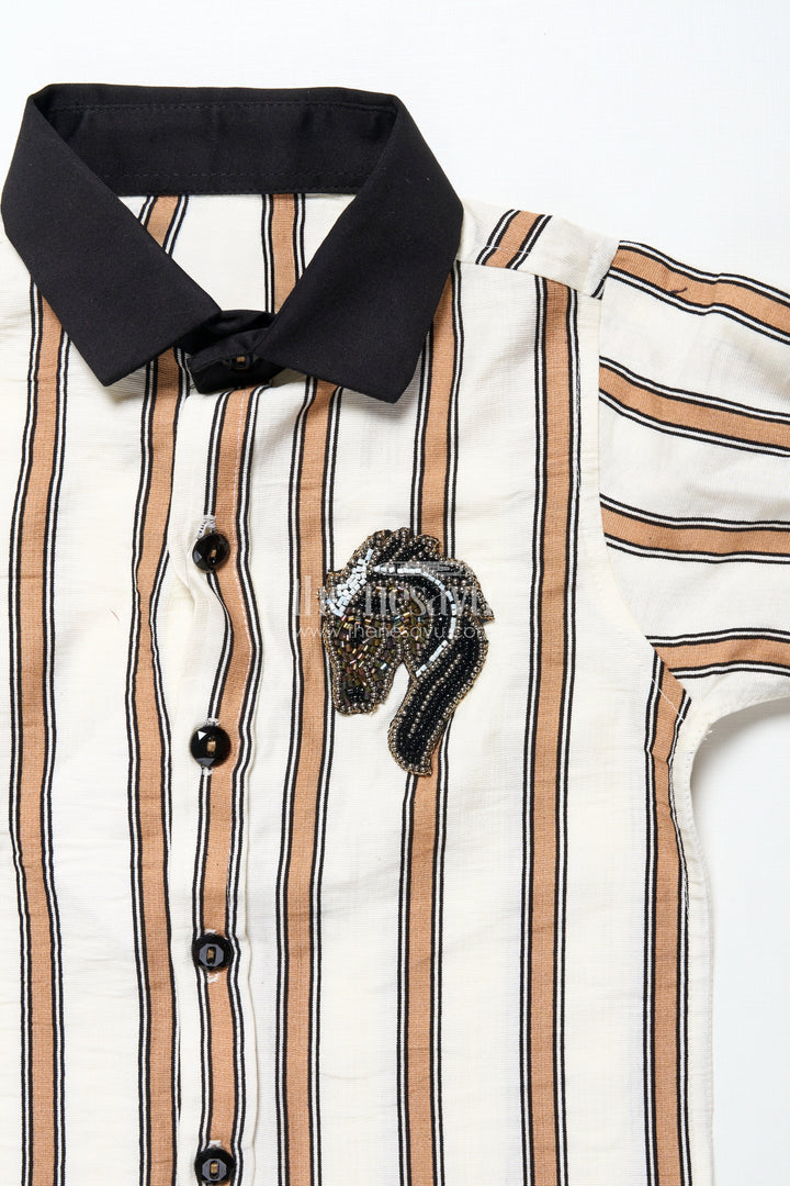 The Nesavu Boys Casual Set Toddler Boys Striped Shirt and Pant Set for Casual Gatherings Nesavu Nesavu toddler boys striped cotton set patch embellishment casual events outings