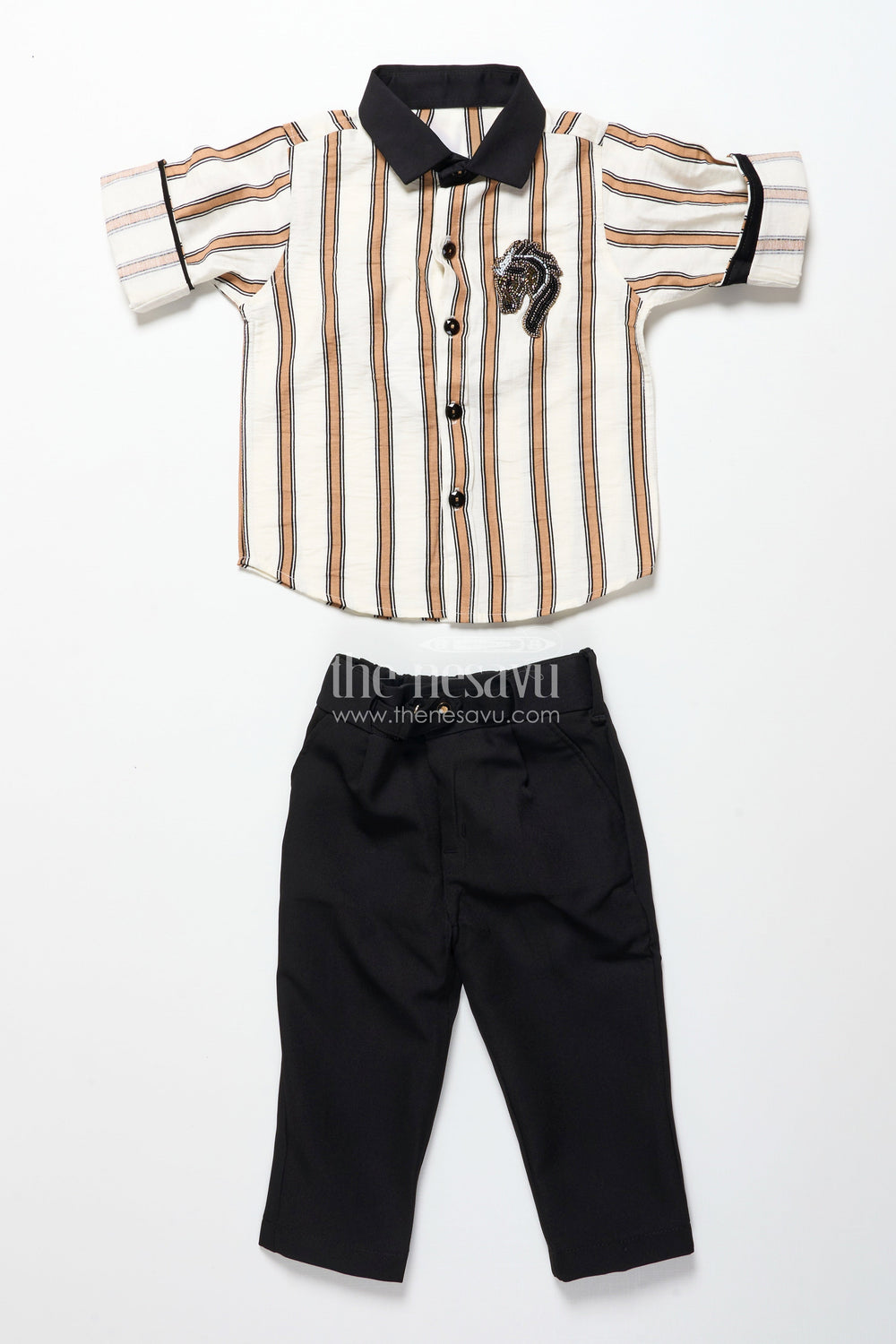 The Nesavu Boys Casual Set Toddler Boys Striped Shirt and Pant Set for Casual Gatherings Nesavu Nesavu toddler boys striped cotton set patch embellishment casual events outings
