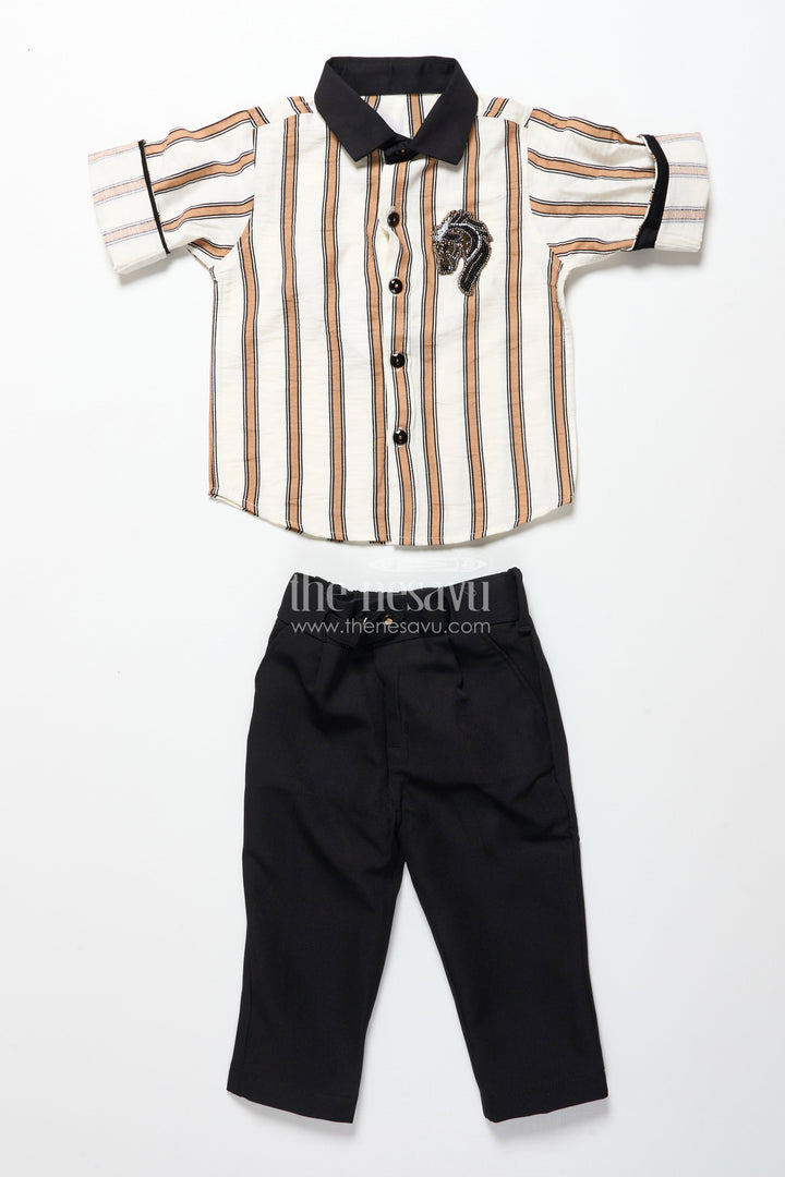 The Nesavu Boys Casual Set Toddler Boys Striped Shirt and Pant Set for Casual Gatherings Nesavu Nesavu toddler boys striped cotton set patch embellishment casual events outings